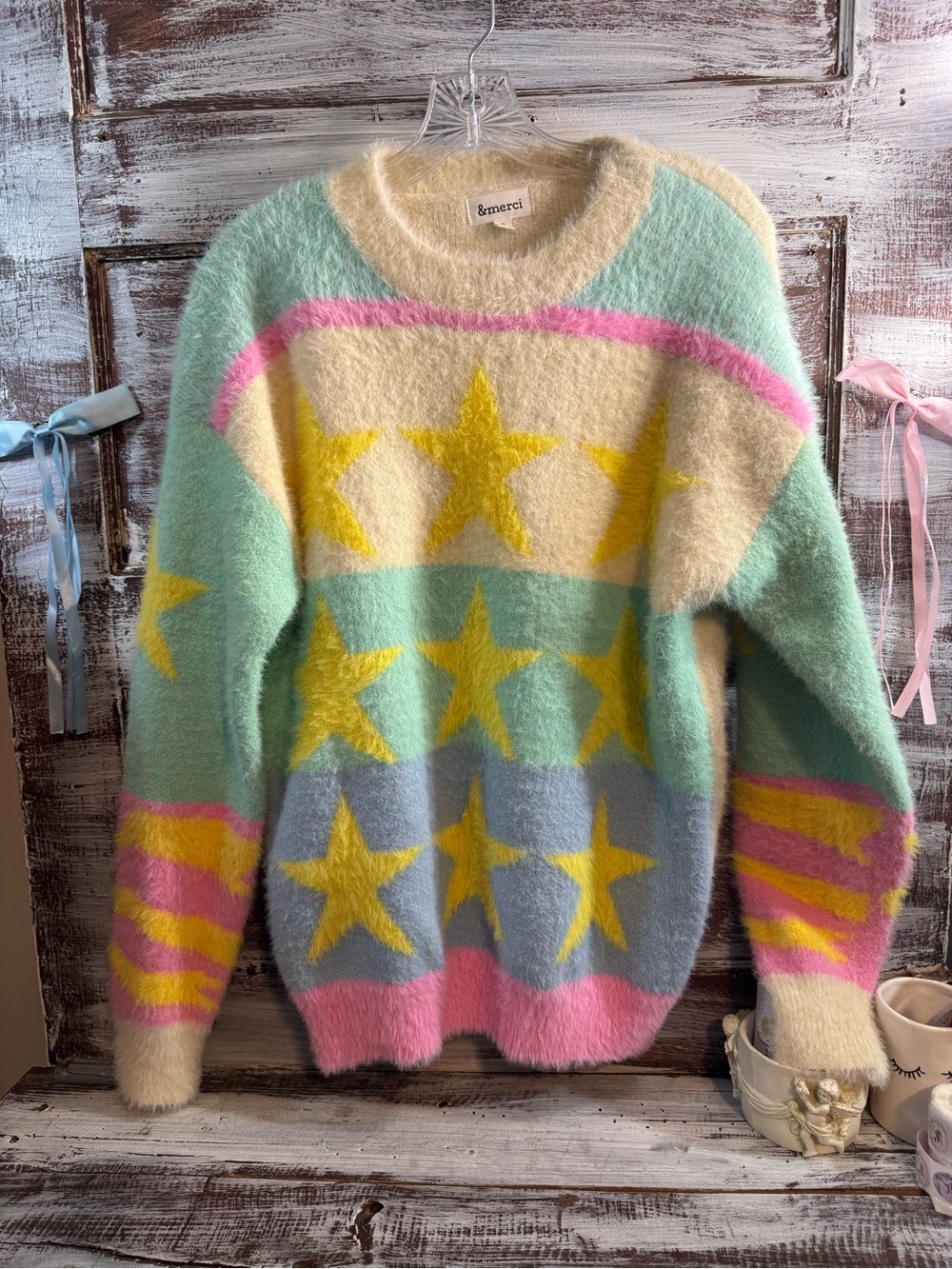 &merci Pastel Star Mohair-Blend Crewneck Sweater in Mint, Pink & Yellow - Picture 2 of 6
